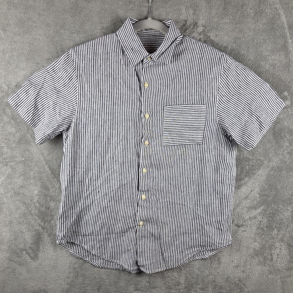 Alex Crane Ola Shirt Mens Medium Striped 100% Linen Button Up Short Sleeve